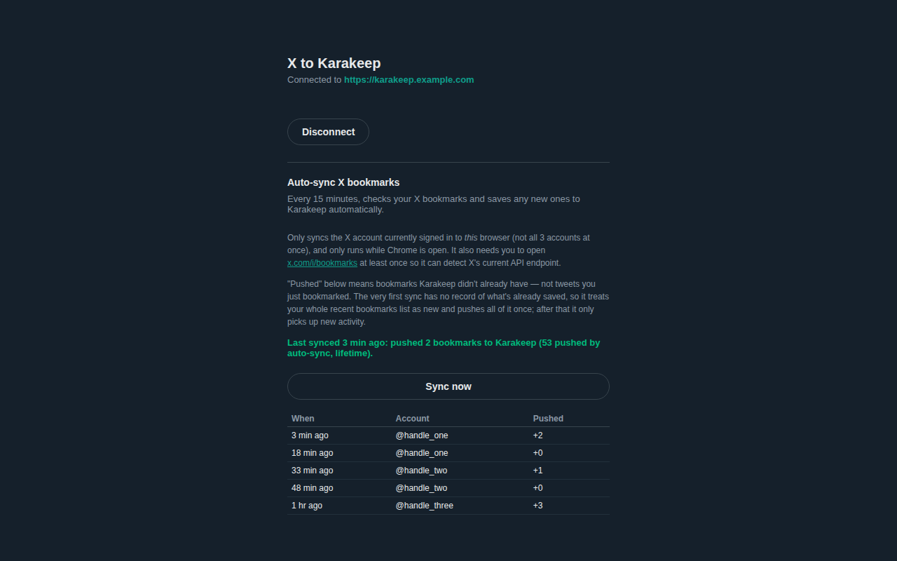 Extension options page showing sync status and history